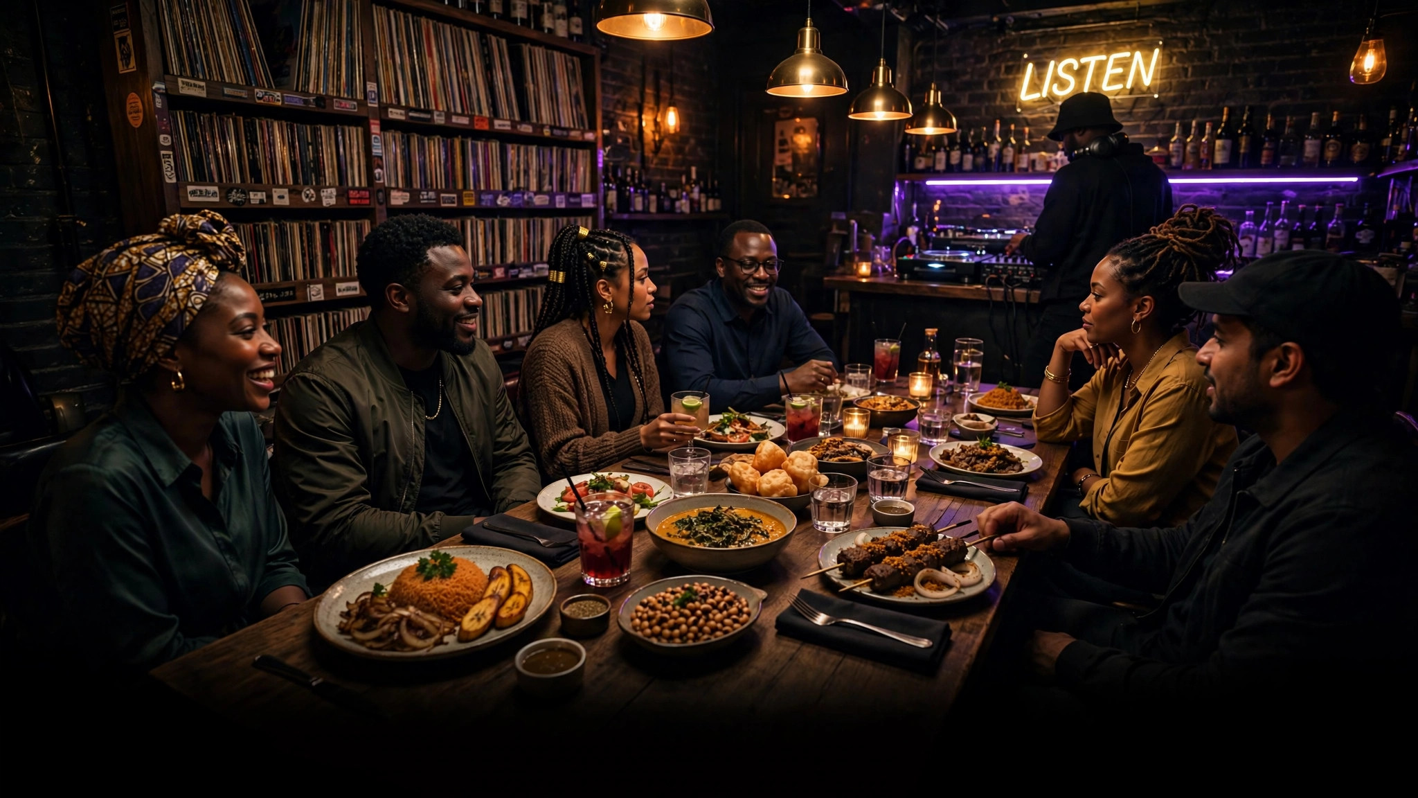 A long table at night: dinner, records, and good company